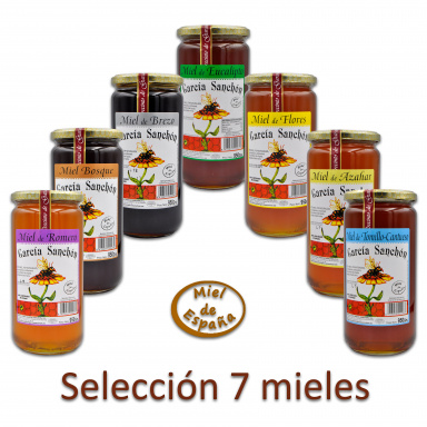 Pack prueba Selección 7 mieles (opción + polen): azahar, bosque (encina, roble...), brezo, eucalipto, flores, romero, tomillo-cantueso, polen.